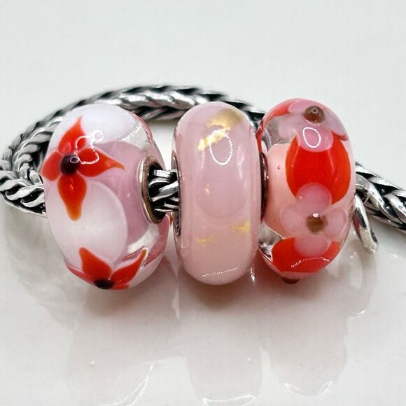 TROLLBEADS & ACA Lot Of 3 Uniques Pink, Coral Red, White & Gold LAA 925S NEW! - Picture 4 of 5